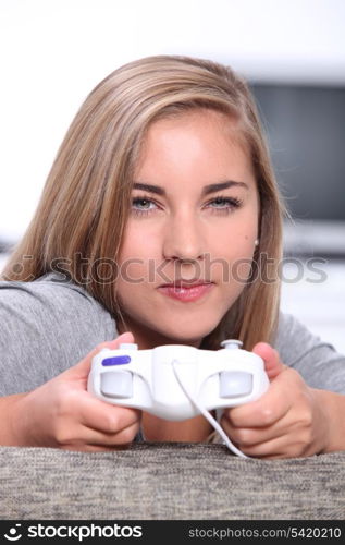 Woman with video game controller