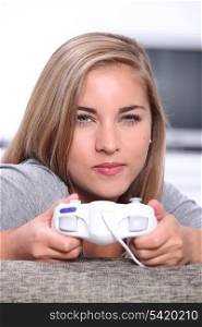 Woman with video game controller