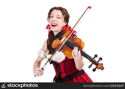 Woman with violin isolated on white