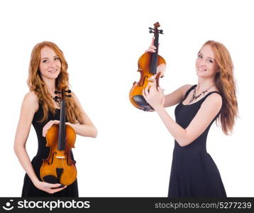 Woman with violin isolated on white