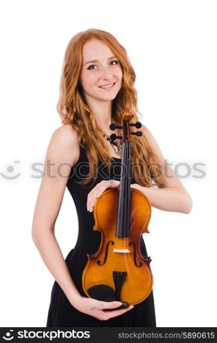 Woman with violin isolated on white