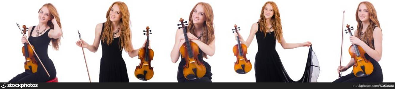 Woman with violin isolated on white