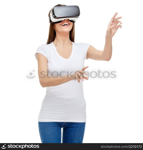 Woman with virtual reality goggles. Studio shot isolated on white. Woman with virtual reality goggles