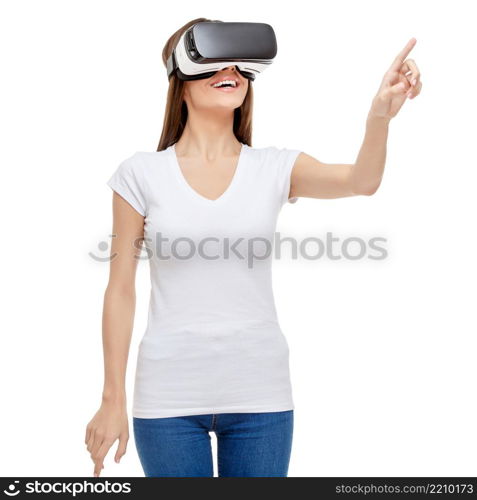 Woman with virtual reality goggles. Studio shot isolated on white. Woman with virtual reality goggles