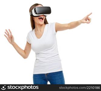 Woman with virtual reality goggles. Studio shot isolated on white. Woman with virtual reality goggles