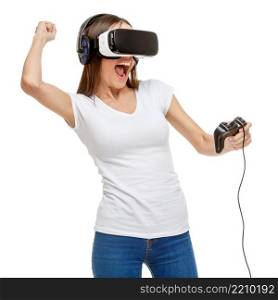 Woman with virtual reality goggles. Studio shot isolated on white. Woman with virtual reality goggles