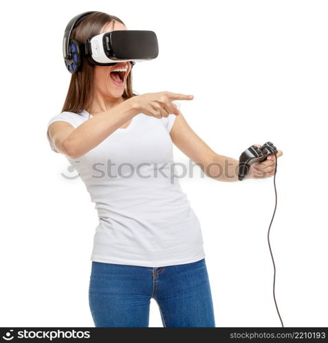 Woman with virtual reality goggles. Studio shot isolated on white. Woman with virtual reality goggles