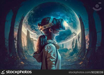 Woman with VR headset in metaverse. Generative AI. High quality illustration. Woman with VR headset in metaverse. Generative AI