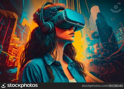 Woman with VR headset in metaverse. Generative AI. High quality illustration. Woman with VR headset in metaverse. Generative AI
