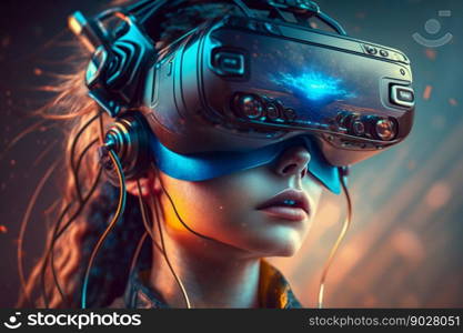 Woman with VR headset in metaverse. Generative AI. High quality illustration. Woman with VR headset in metaverse. Generative AI