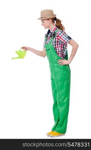 Woman with watering can on white