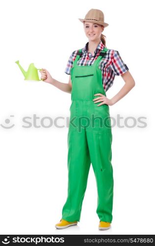 Woman with watering can on white