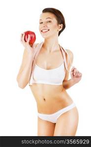 woman with white tapemeasure and red apple on white background