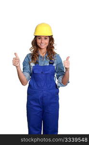 Woman with yellow security helmet standing on white background