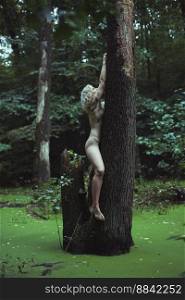Woman without clothes climbing on tree at sw&scenic photography. Picture of person with wild forest on background. High quality wallpaper. Photo concept for ads, travel blog, magazine, article. Woman without clothes climbing on tree at sw&scenic photography