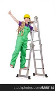 Woman worker standing on ladder