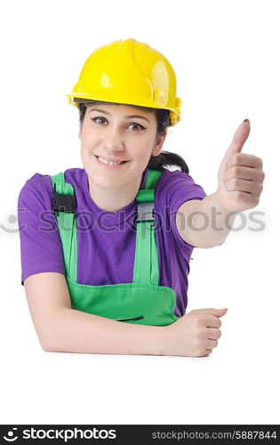 Woman worker with hardhat on white