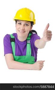 Woman worker with hardhat on white