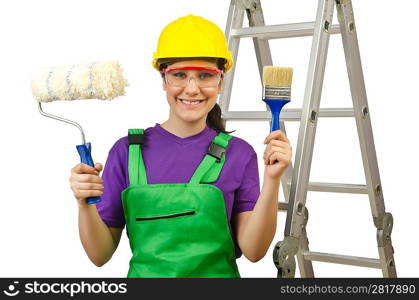 Woman worker with ladder on white