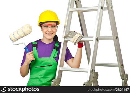 Woman worker with ladder on white