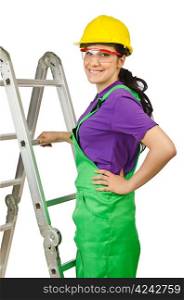 Woman worker with ladder on white
