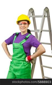 Woman worker with ladder on white