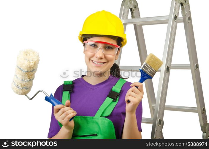 Woman worker with ladder on white