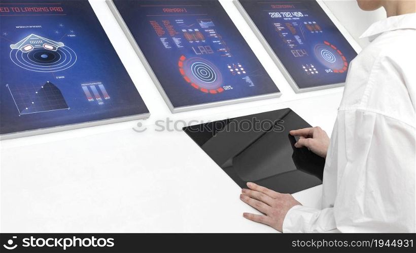 woman working digital monitors. High resolution photo. woman working digital monitors