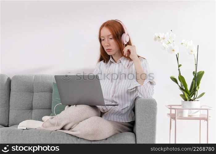 woman working from home with laptop