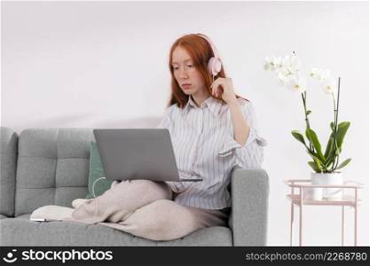 woman working from home with laptop