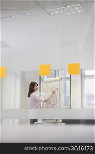 Woman working in office at presentation board, side view