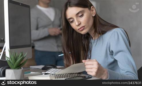 woman working media field with personal computer
