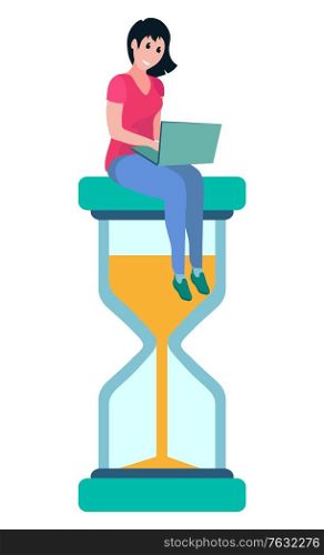 Woman working on laptop, isolated character distant worker. Character with computer sitting on big hour glass clock with falling sand. Time is money concept. Vector illustration in flat cartoon style. Woman Sitting on Sand Glass Clock Worker Vector