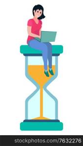 Woman working on laptop, isolated character distant worker. Character with computer sitting on big hour glass clock with falling sand. Time is money concept. Vector illustration in flat cartoon style. Woman Sitting on Sand Glass Clock Worker Vector