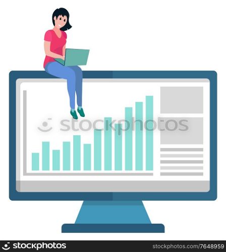 Woman working on laptop vector, monitor showing results and infocharts. Success in business project, lady with gadget typing info and analysing research. Computer Monitor and Working Lady with Laptop