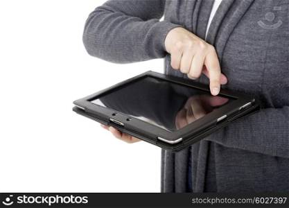 Woman working with a digital tablet, isolated, detail