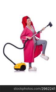 Woman working with vacuum cleaner on white