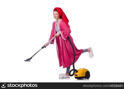 Woman working with vacuum cleaner on white