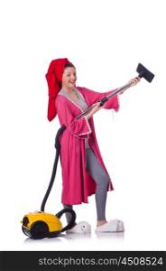 Woman working with vacuum cleaner on white