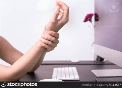 woman wrist arm pain long use mouse at office. office syndrome h. woman wrist arm pain long use mouse at office. office syndrome healthcare and medicine concept