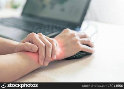 woman wrist arm pain long use mouse working. office syndrome hea. woman wrist arm pain long use mouse working. office syndrome healthcare and medicine concept