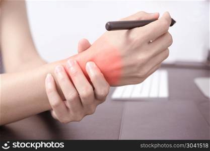 woman wrist arm pain long use pen mouse working. office syndrome. woman wrist arm pain long use pen mouse working. office syndrome healthcare and medicine concept