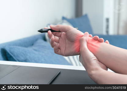 woman wrist arm pain long use pen mouse working. office syndrome. woman wrist arm pain long use pen mouse working. office syndrome healthcare and medicine concept