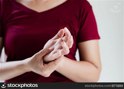 woman wrist arm pain long working. office syndrome healthcare and medicine concept