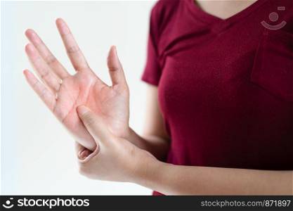 woman wrist arm pain long working. office syndrome healthcare and medicine concept
