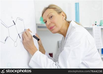 woman writing on white board during class