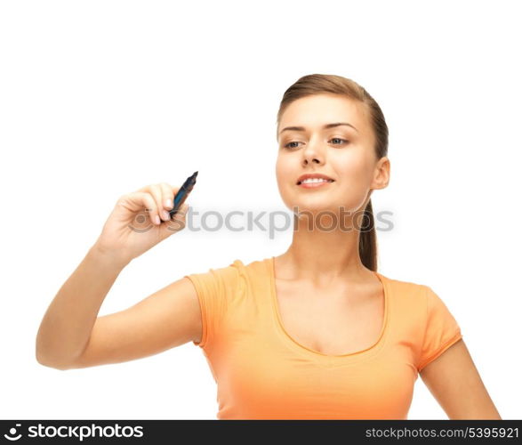 woman writing something in the air with marker