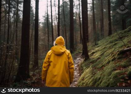 Woman yellow coat hiking. Female trip tourism. Generate Ai. Woman yellow coat hiking. Generate Ai