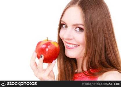 Woman young charming female long haired colorful make up holds big red apple fruit. Healthy eating, vegetarian food, dieting and people concept.. Woman charming girl colorful makeup holds apple fruit