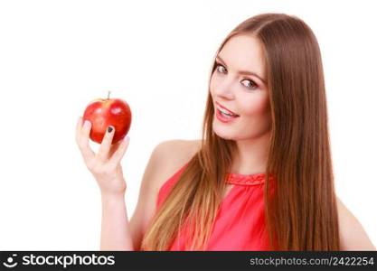 Woman young charming female long haired colorful make up holds big red apple fruit. Healthy eating, vegetarian food, dieting and people concept.. Woman charming girl colorful makeup holds apple fruit